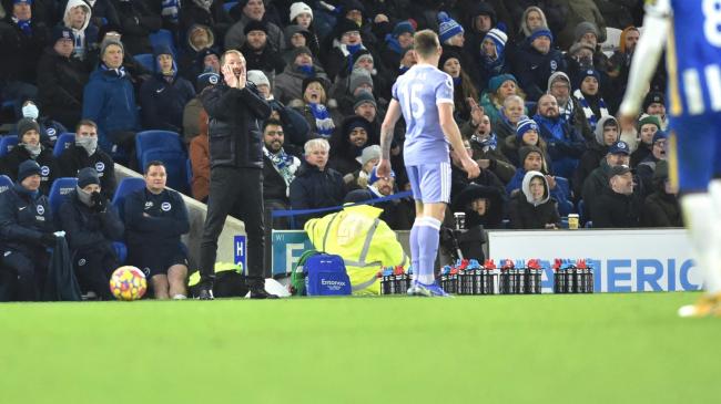 Brighton boss Graham Potter shows his frustration as Brighton are held by Leeds. Picture Simon Dack