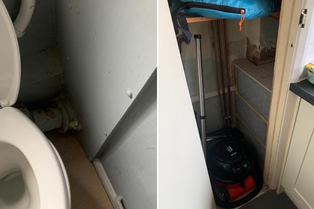 The Argus: Left shows the pipe filled in next to the toilet, right shows bricked up section of utility cupboard