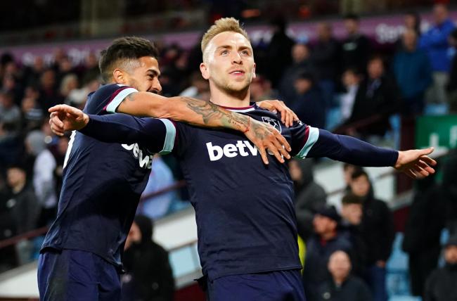 West Ham United's Jarrod Bowen (right) celebrates scoring their side's fourth goal of the game with team-mate Manuel Lanzini during the Premier League match at Villa Park, Birmingham. Picture date: Sunday October 31, 2021.