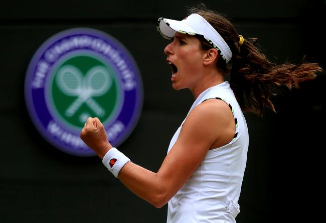 Johanna Konta celebrates victory following her match against Sloane Stephens on day six of the Wimbledon Championships at the All England Lawn Tennis and Croquet Club, Wimbledon. Former British number one Johanna Konta has