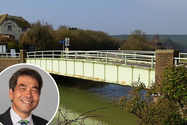 Exceat bridge and inset shows Stephen Shing, Independent councillor for Willingdon and South Downs