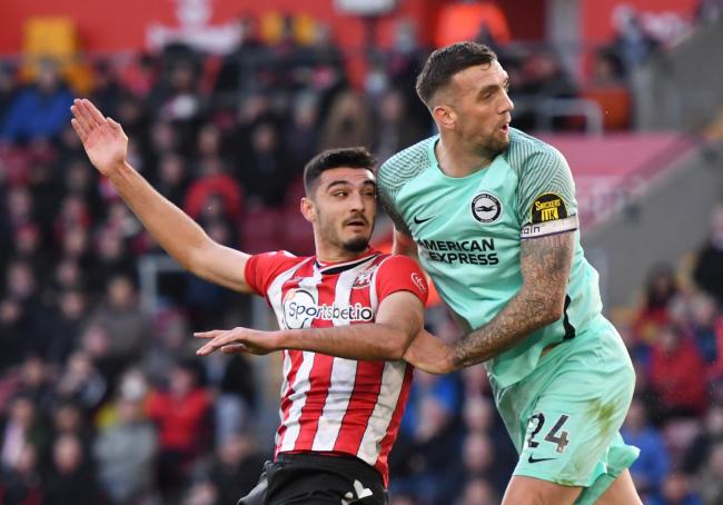Albion defender Shane Duffy battles for the ball against Southampton, credit Liz Finlayson