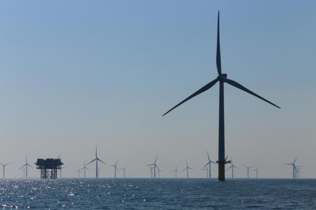 View of windmills of Rampion windfarm off the coast of Brighton