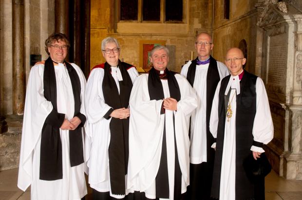 The Argus: The reverend Judith Edgar, The reverend David Twinley (crct) and The reverend David Gillard photographed with the Dean of Chichester Stephen Waine (left) and The Bishop of Chichester Martin Warner (right)