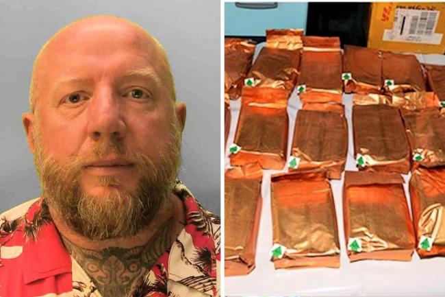Left: James Beeby, right: packs of cutting agent recovered from premises linked to Beeby