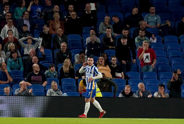 The Argus: Brighton and Hove Albion’s Aaron Connolly celebrates scoring his sides first goal during the Carabao Cup third round match at the AMEX Stadium, Brighton.