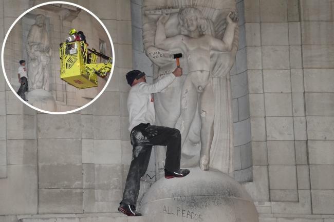Hammer-wielding protester destroys sculpture by paedophile artist born in Brighton