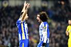 Brighton's Neal Maupay and Marc Cucurella celebrate the equaliser against Crystal Palace
