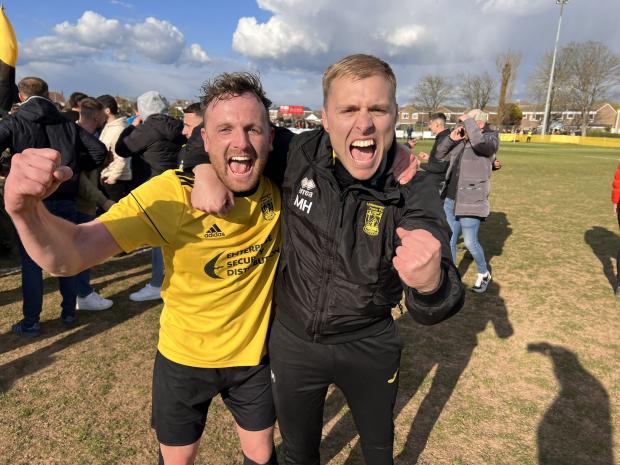 The Argus: Mitchell Hand and Alex Duncan celebrate getting to the FA Vase final. Picture from Littlehampton Town FC