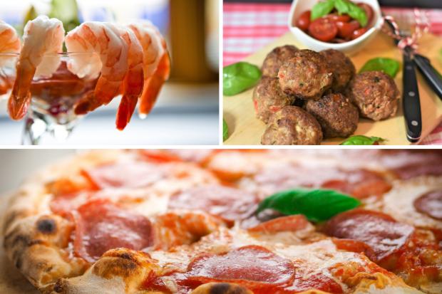 The Argus: (Top left clockwise) Prawn cocktail, Meatballs, Pizza. Credit: PA/Canva