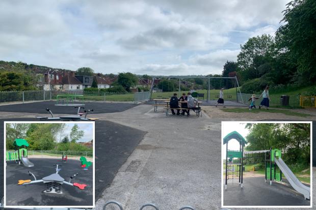 The Argus: The newly refurbished park installed by contractor Kompan. Inset left, equipment to left of picture. Inset right, a climbing structure to the right of the picture