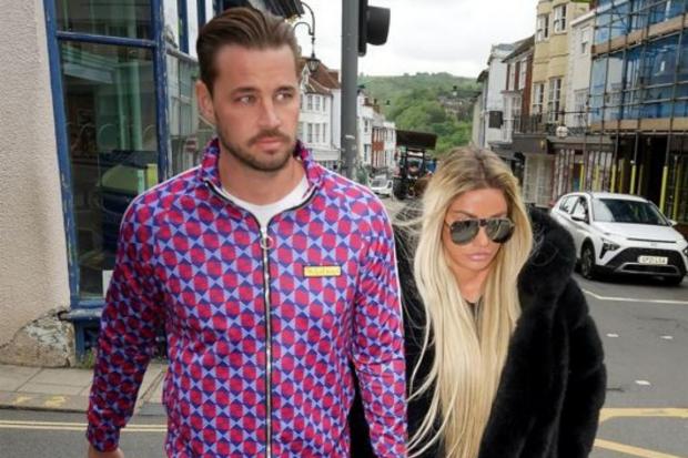 Katie Price arrives at Lewes Crown Court with her fiancé Carl Woods
