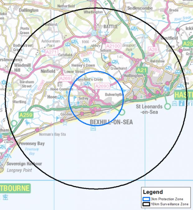 The Argus: A map of the protection and surveillance zones: credit - Defra