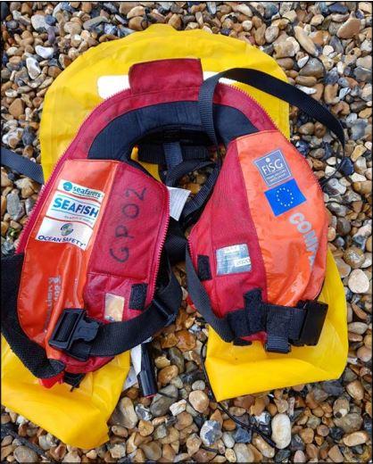 The Argus: A life jacket recovered from Newhaven beach. The report states it is probable that the life jacket "worn by the mate was the only one not trapped inside the vessel when it capsized"