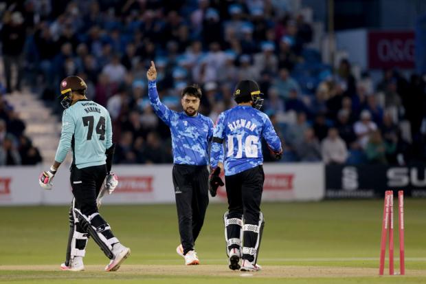 Rashid Khan celebrates a wicket for Sussex Sharks against Surrey. Picture Stephen Lawrence