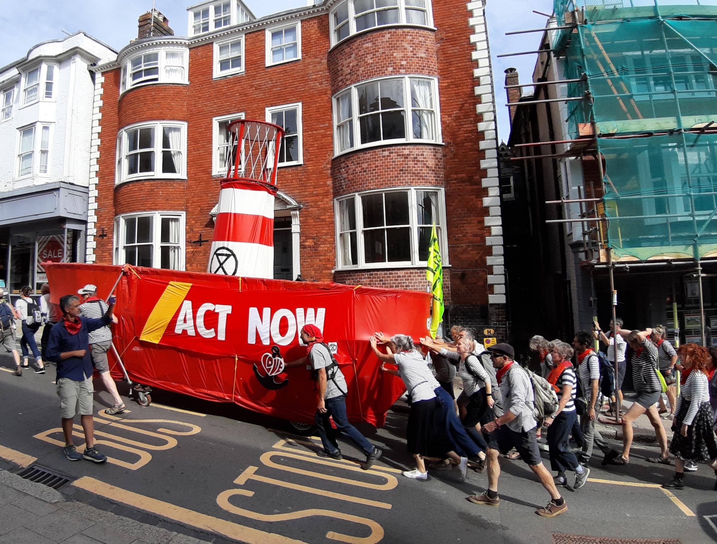  \Lightship Greta\ being pushed up the hill to County Hall, 12 July 2022. Photo: Steve Lewis. Supplied by Divest East Sussex.