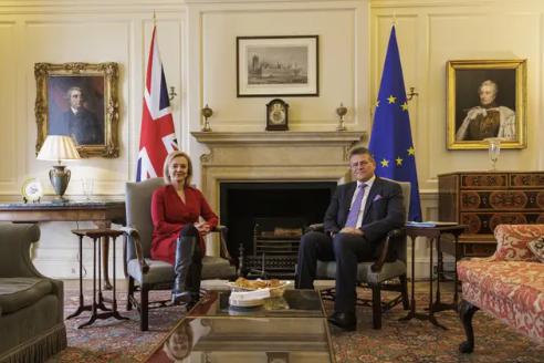 The Argus: Foreign Secretary Liz Truss meets European Commission Vice-President Maros Sefcovic for talks in central London on the Northern Ireland Protocol (Rob Pinney/PA)
