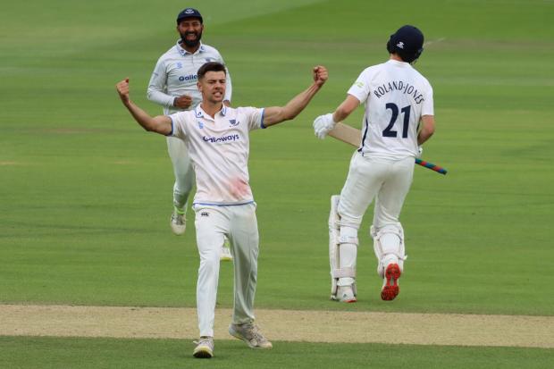Sussex seamer Brad Currie celebrates a wicket against Middlesex at Lord's. Picture Sussex Cricket