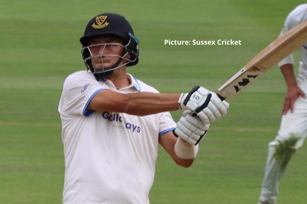 Sussex batsman Ari Karvelas on his way to a half century