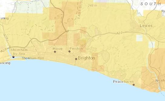 The Argus: The UKradon map shows the maximum radon potential across Brighton & Hove. Image: UKradon