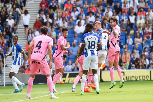 Adam Webster scores from a corner against Espanyol. Picture Simon Dack