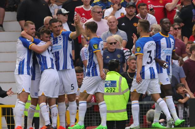 Brighton celebrate their second goal. Picture by Richard Parkes