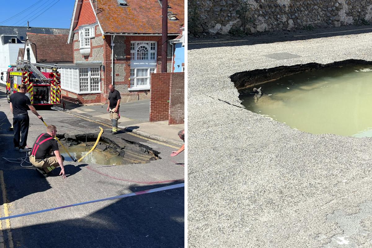 A sinkhole has opened up in Crouch Lane, Seaford, this afternoon. Firefighters, left, are in attendance