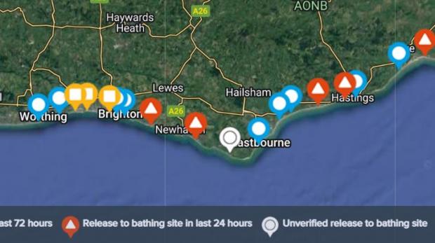 The Argus: Southern Water's Beachbuoy map is available online. Blue means no release. Red means release at bathing place in the last 24 hours, yellow means release at bathing place in the last 72 hours. White icon means unconfirmed release