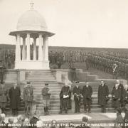Monochrome postcard showing the Prince of Wales at the Chattri memorial, Brighton, 1921.