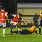 Ronnie Sobowale tries to find a way through for Whitehawk in their FA Trophy defeat to Cray Wanderers. Picture by Andy Schofield