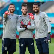 Spain goalkeepers Unai Simon, David De Gea and Robert Sanchez take a break from Euro 2020 training in Seville. Picture RFEF