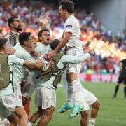 Robert Sanchez joins the goal celebrations as Spain beat Croatia at Euro 2020