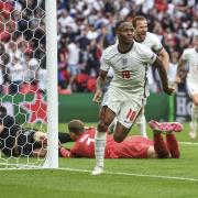 Raheem Sterling celebrates after putting England ahead against Germany at Wembley