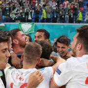 Brighton's Robert Sanchez celebrates with Unai Simon after Spain beat Switzerland on penalties at Euro 2020