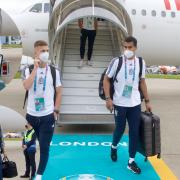 Robert Sanchez, right of picture, and the Spain squad arrive in England