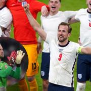 Harry Kane and England celebrate while Kasper Schmeichel applauds the Danish fans