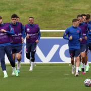 Brighton defender Ben White, second from right, takes part in England's final training session before the Euro 2020 final