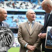Former Brighton and Manchester City boss Brian Horton chats to Howard Wilkinson and Joe Corrigan at the Etihad. Insets, Horton in action for Albion and his book, Two Thousand Games