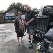 Councillor Dawn Barnett, with fellow Hangleton councillor Nick Lewry, standing by uncollected rubbish at the Hangleton Community Centre