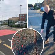 Both schools and councillors in the area are calling for a clearer crossing - right is Cllr. Nick Lewry and Cllr. Dawn Barnett, inset shows remnants of old crossing