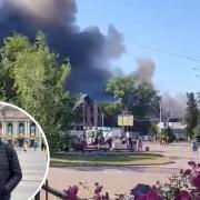 Video footage captured near the bombed shopping centre in Kremenchuk. Inset, Alistair McNair in Lviv in April