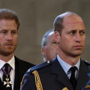 The Duke of Sussex and the Prince of Wales in front of the coffin of Queen Elizabeth II as it lies on the catafalque in Westminster Hall, London. Photo: PA