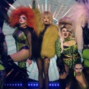 Dakota Schiffer, centre, and Pixie Polite, centre-right, were part of the winning girl group in this week's episode of RuPaul's Drag Race UK: credit - BBC/World of Wonder