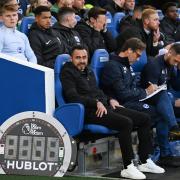 Ed Turns (white top) watches Brighton's defeat by Tottenham from the bench. Picture Simon Dack