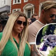 Katie Price with fiancé Carl Woods and the 'Mucky Mansion: credit - PA
