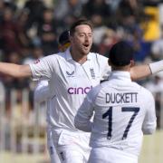Ollie Robinson celebrates a wicket as England beat Pakistan