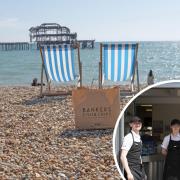 Bankers fish and chips on Brighton beach with workers at Churchills fish and chips inset