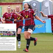 Lewes Women have written a letter calling for equal FA Cup prize money. Inset, the club's letter on social media. Pictured is full back Ellie Mason celebrating at their home ground