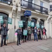 New schedules have been announced for BBC Radio Sussex amid controversial strikes. Pictured, BBC Sussex staff outside their office in Queen's Road, Brighton, in March