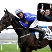 Energumene and delighted jockey Paul Townend  after success at Cheltenham and, inset, Tony Bloom with the trophy
